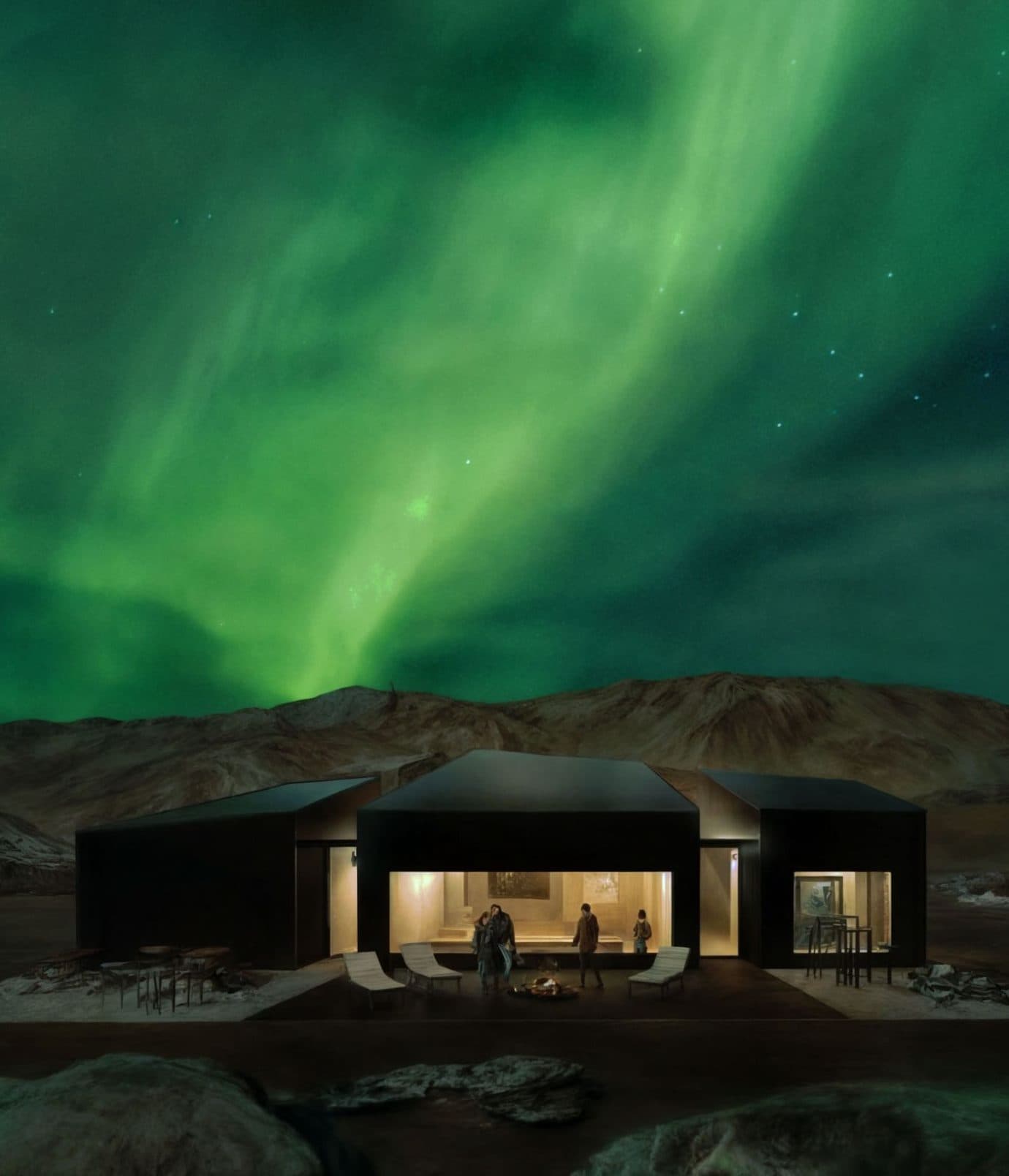 Aurora Shelter, Islanda: il rifugio illuminato sotto un’aurora boreale verde