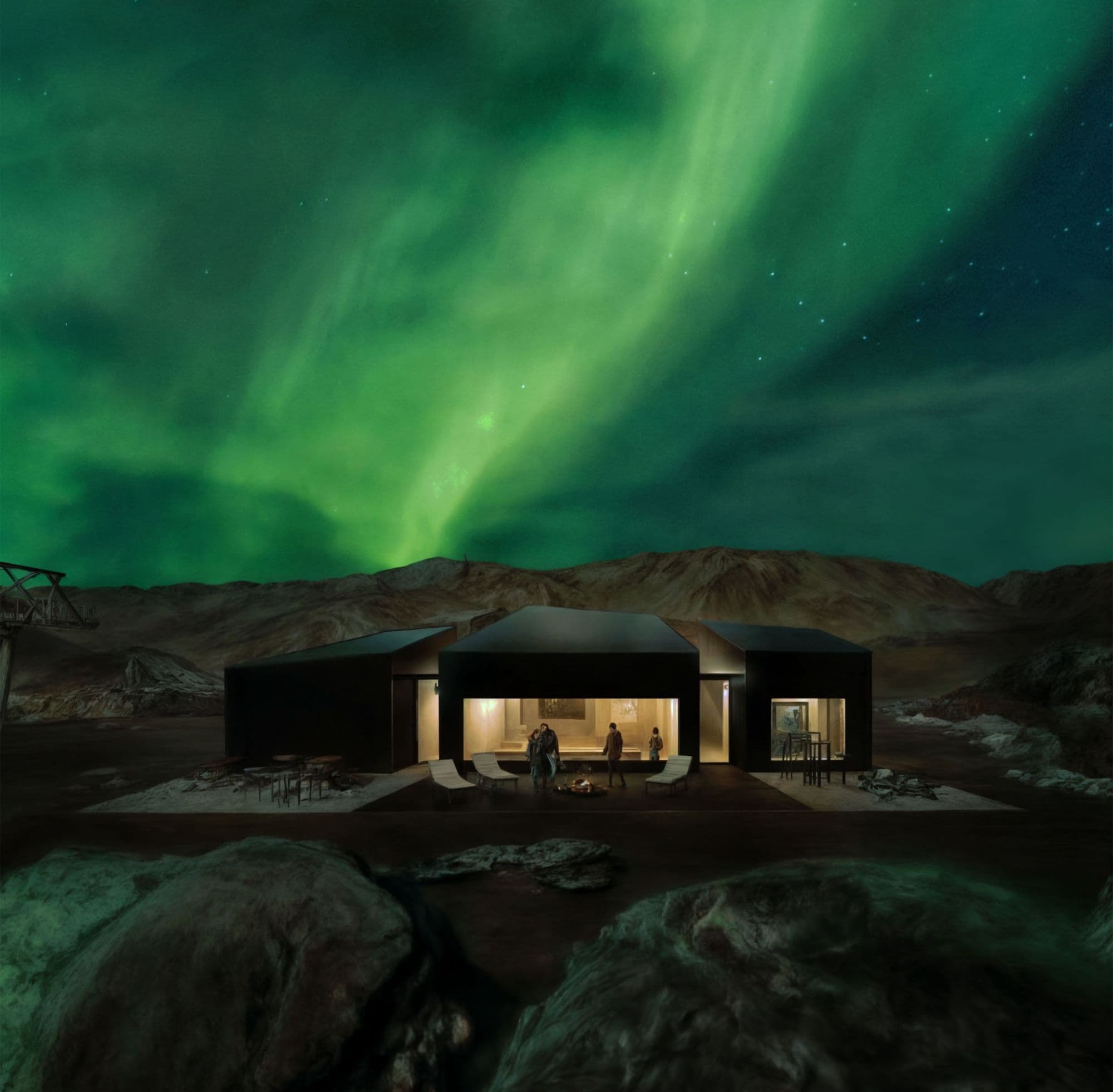 Aurora Shelter, Islanda: il rifugio illuminato sotto un’aurora boreale verde