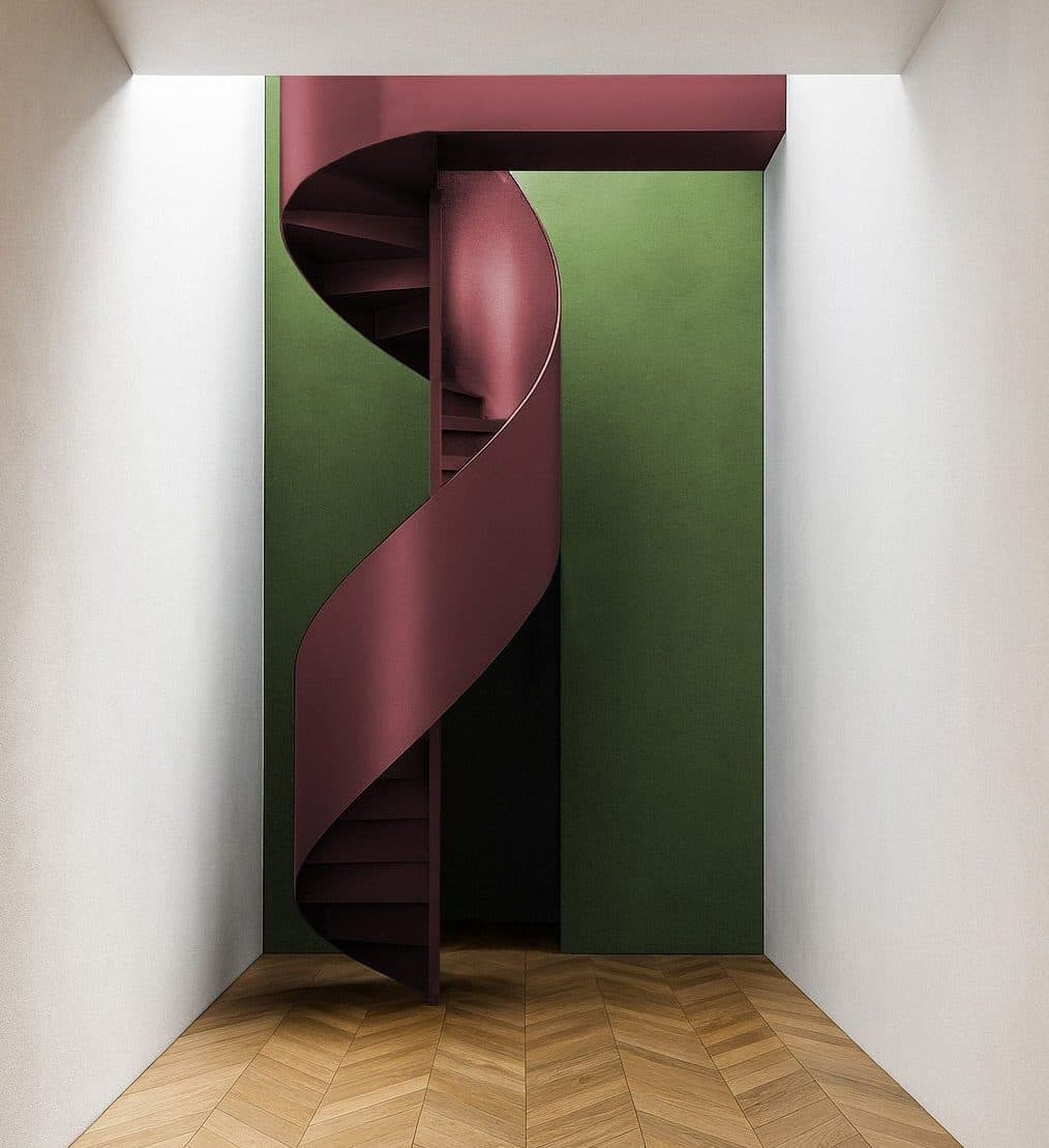 Casa F, Ferrara: scala elicoidale in acciaio bordeaux su parete verde, pavimento in rovere a spina di pesce