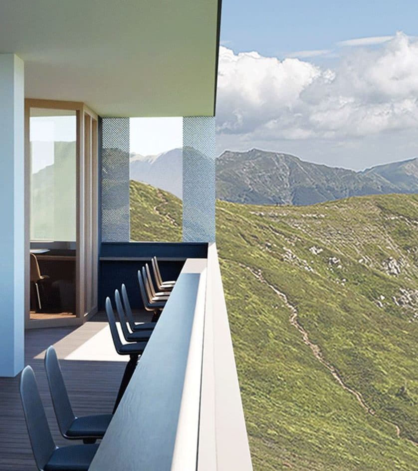 Rifugio Zeno Colò, Monte Gomito: la terrazza panoramica di progetto affacciata sull’Appennino