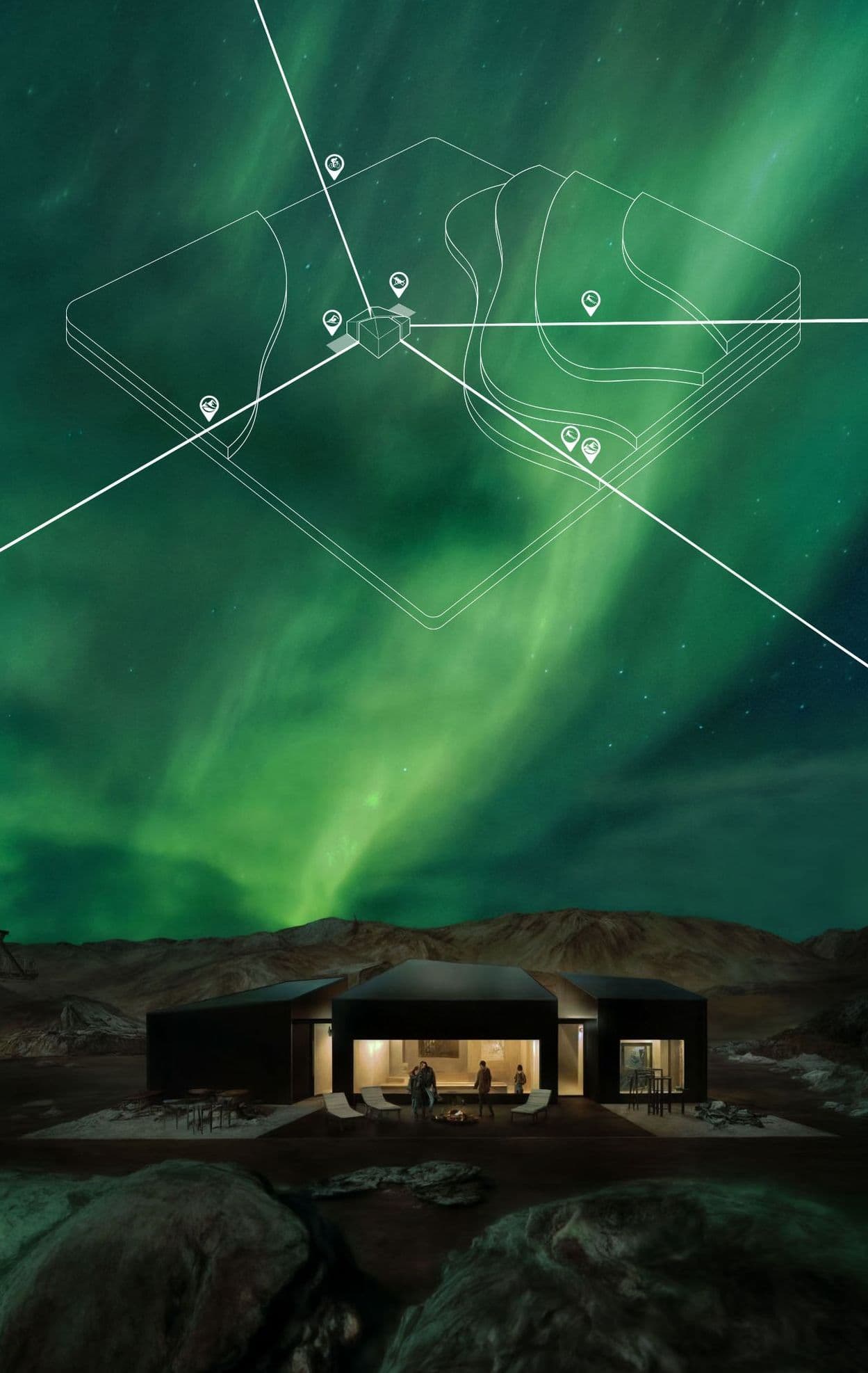 Aurora Shelter, Islanda: vista notturna del rifugio nel paesaggio vulcanico