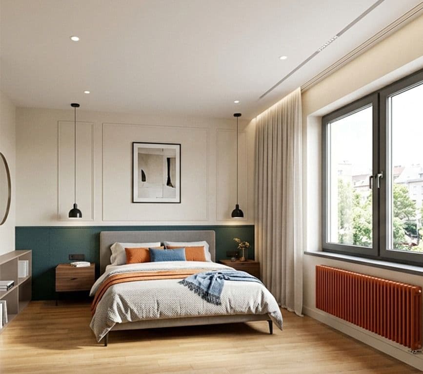 Casa C, Bologna: camera da letto con boiserie verde ottanio, illuminazione di design e parquet in legno