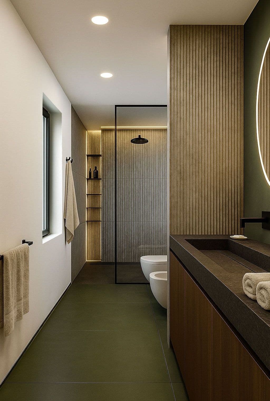 Casa F, Ferrara: bagno con top scuro, doccia a filo pavimento e pareti verde oliva