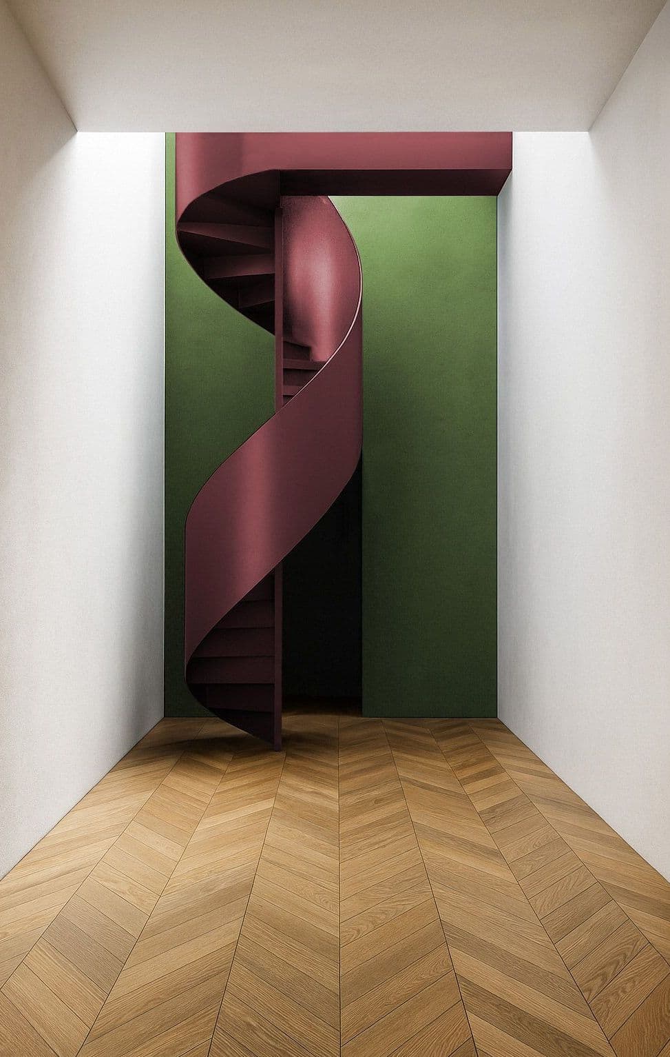 Casa F, Ferrara: scala elicoidale in acciaio bordeaux su parete verde, pavimento in rovere a spina di pesce