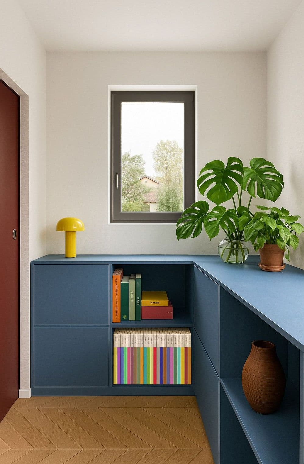 Casa F, Ferrara: disimpegno con mobile contenitore su misura blu e parete bordeaux