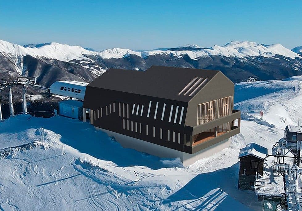 Rifugio Zeno Colò, Monte Gomito: render del progetto di ristrutturazione visto dalle piste innevate