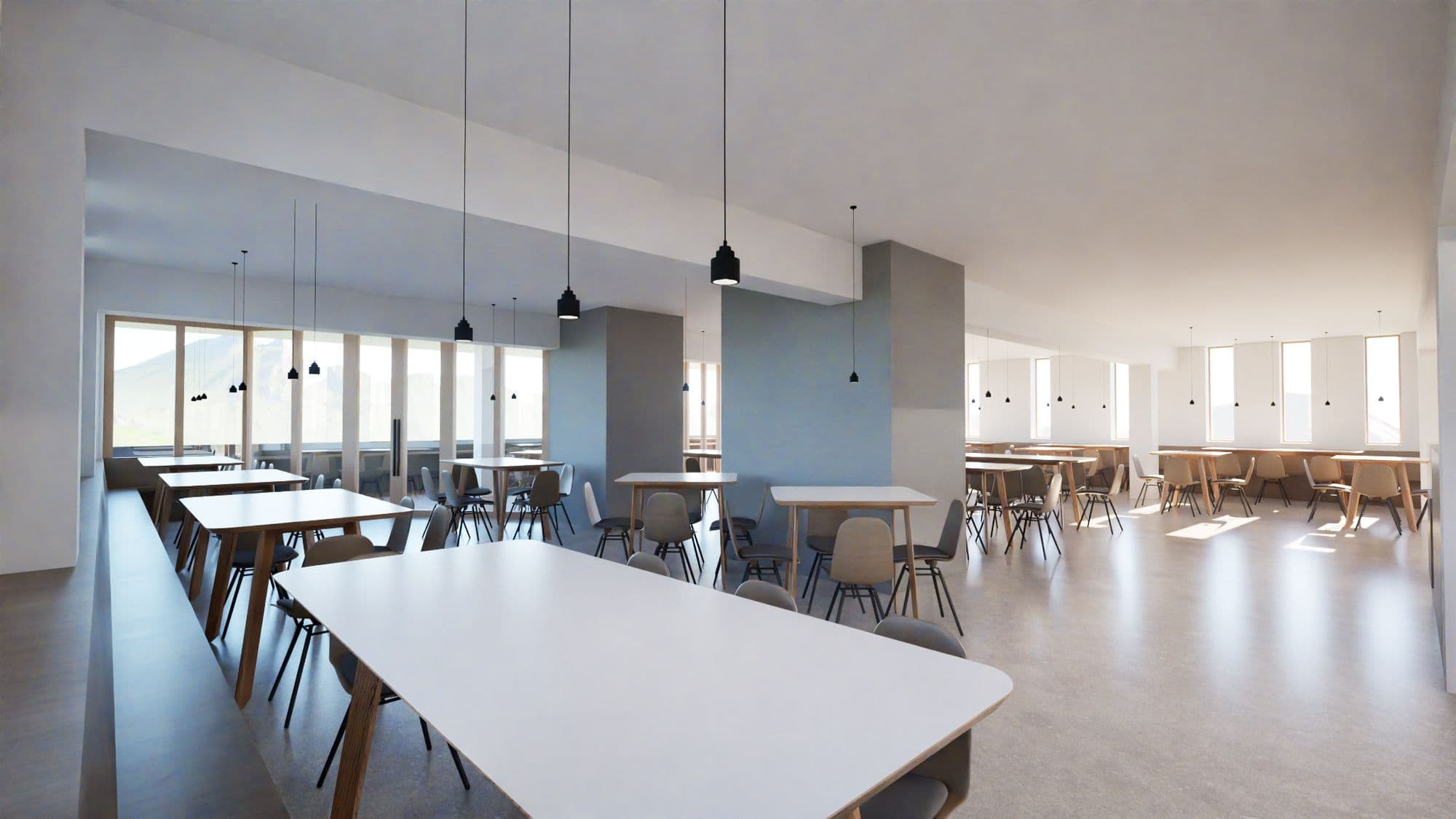 Rifugio Zeno Colò: render della sala ristoro con lunghi tavoli conviviali