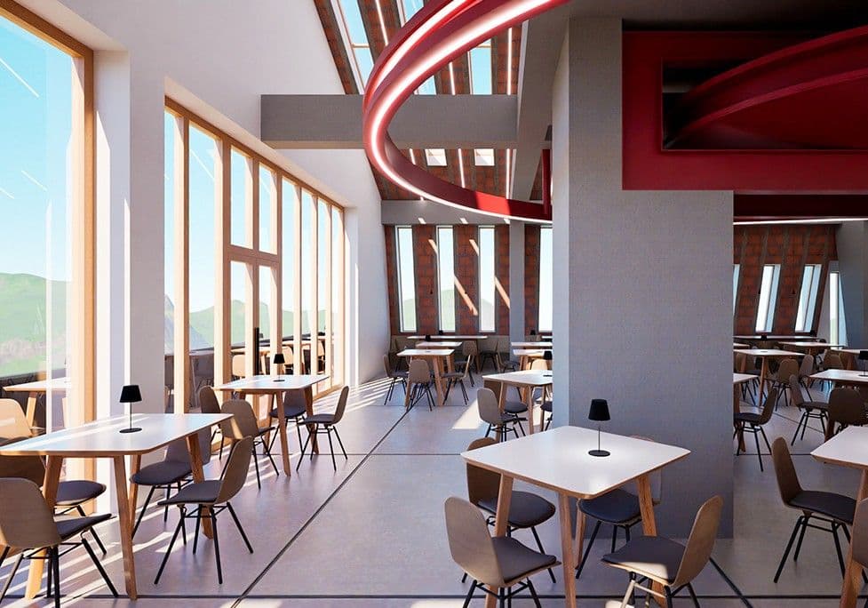 Rifugio Zeno Colò: sala ristorante con scala elicoidale rossa e vetrate panoramiche