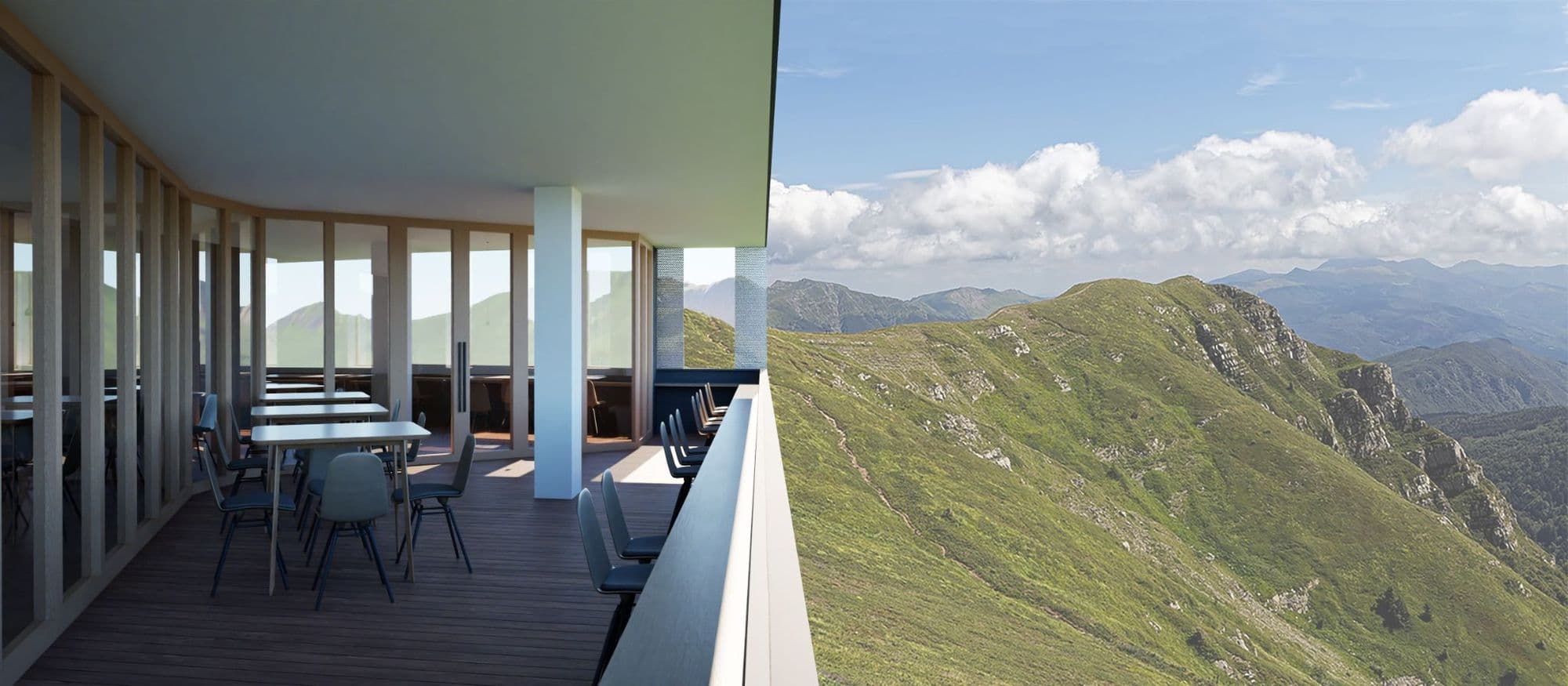 Rifugio Zeno Colò: sala interna con vetrate continue affacciate sull’Appennino