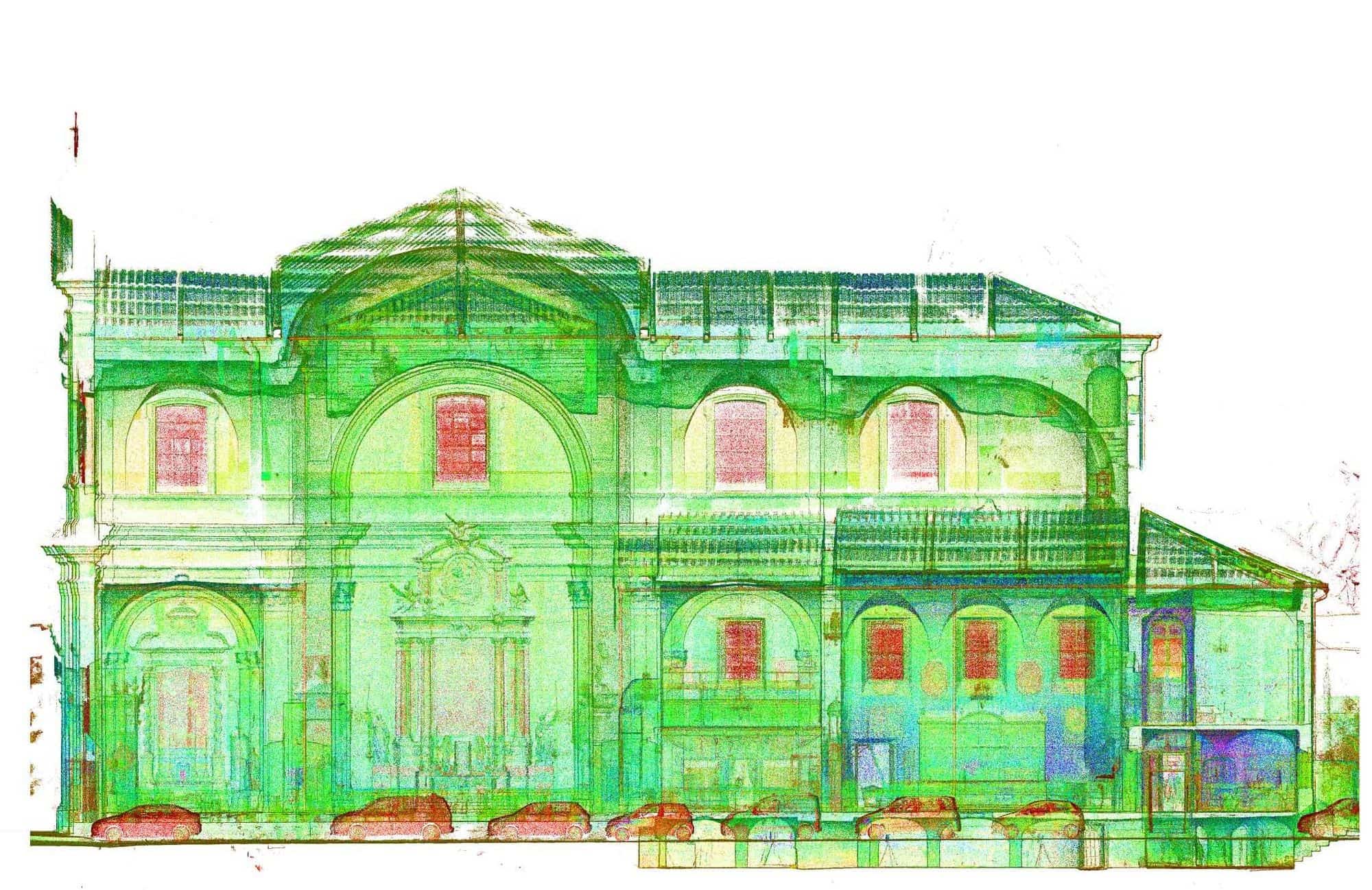 San Girolamo, Ferrara: sezione della facciata restituita dal rilievo con laser scanner, con mappatura cromatica